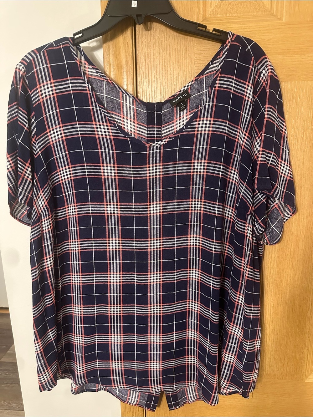 torrid Navy Plaid Short Sleeve Blouse with Pink Accents